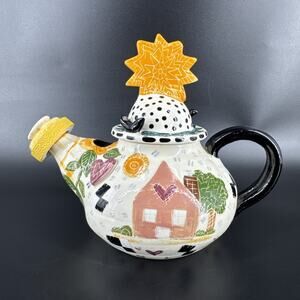 VTG Meg Johnson Handmade Ceramic Pottery Tea Pot Whimsical Design Hand Painted